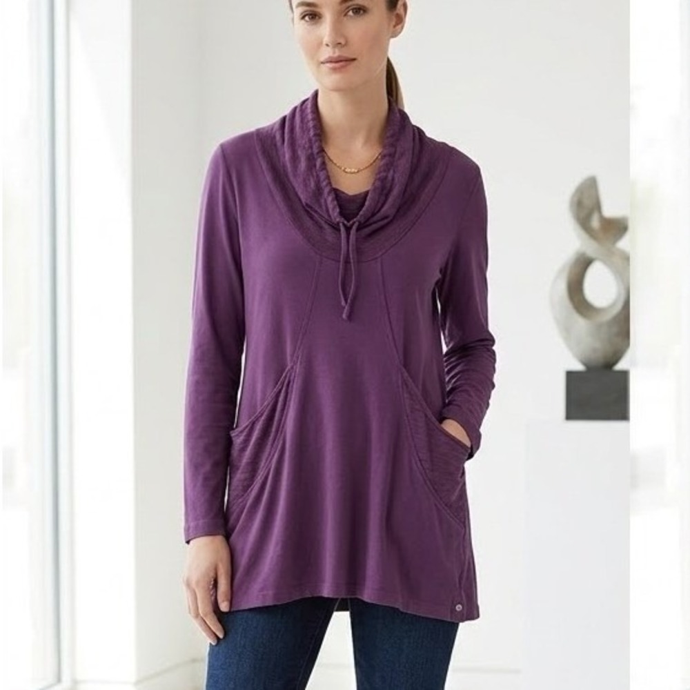 Neon Buddha Amelia Tunic Women Large Purple Cowl Neck Drawstring Pocket Sweater